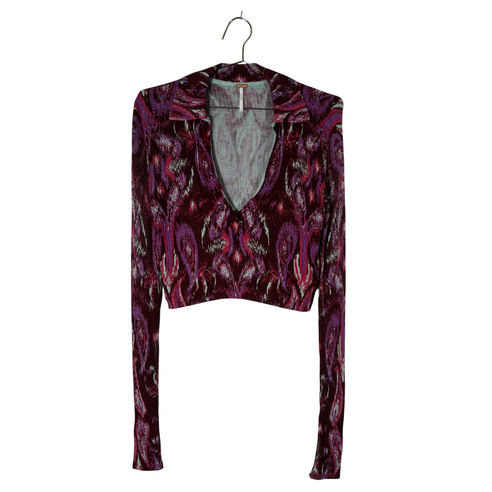 Free People burgundy and purple ribbed knit top with deep v neckline, pointed co